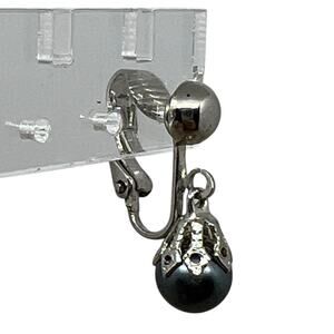 Vintage Silver-Tone Drop Earring with Blue Pearl - Single Elegant Clip-On